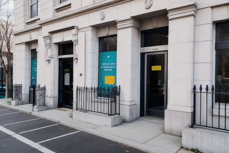 A bank exterior with signs of financial services, symbolizing the loan application process